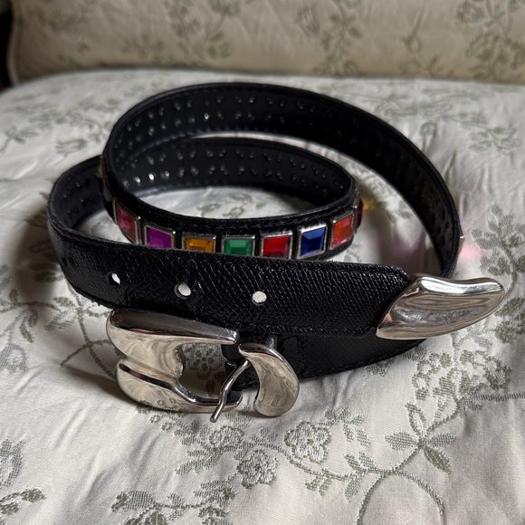 priore Accessories - Black Leather Belt with Silver Buckle and Multicolor Accents Vintage Small.